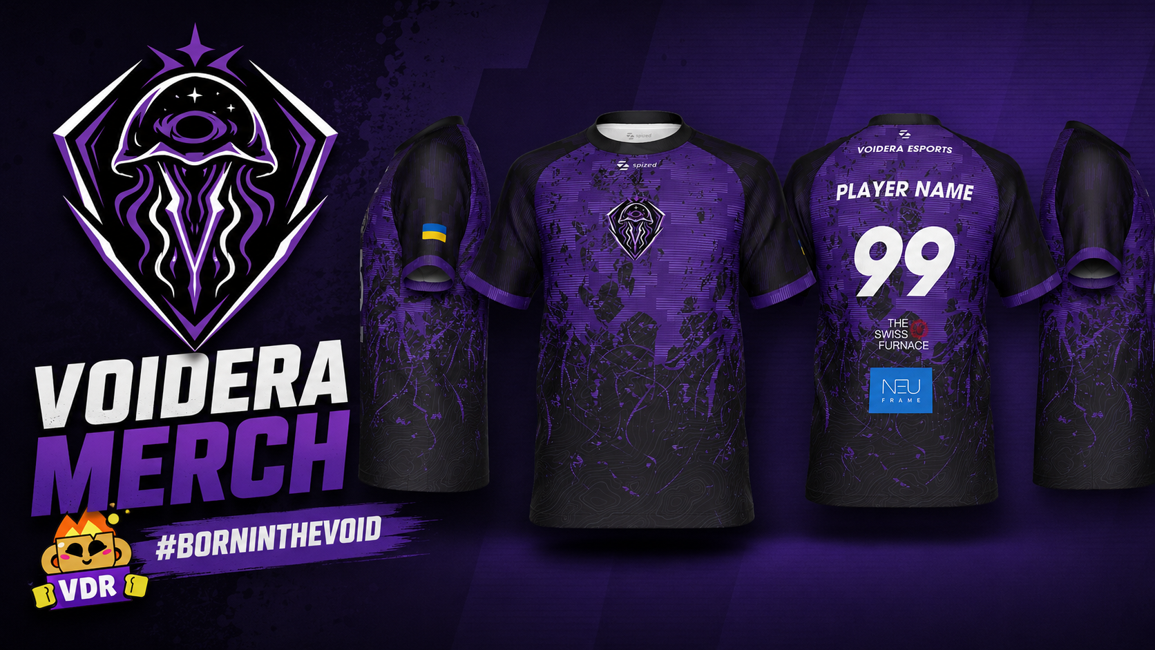 Voidera Esports purple and black jersey shown from the front, back and sides